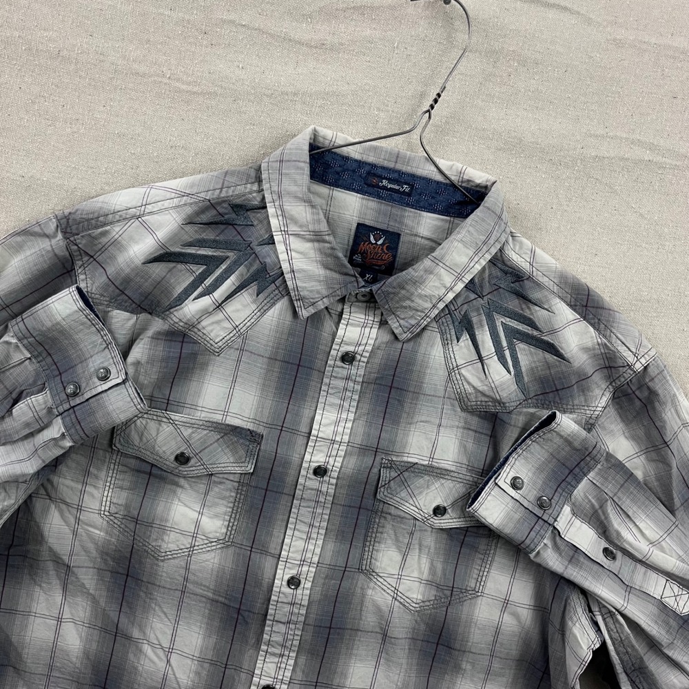 Moonshine Spirit Brad Paisley Western Shirt XL Grey Plaid Embroidered Snap Front